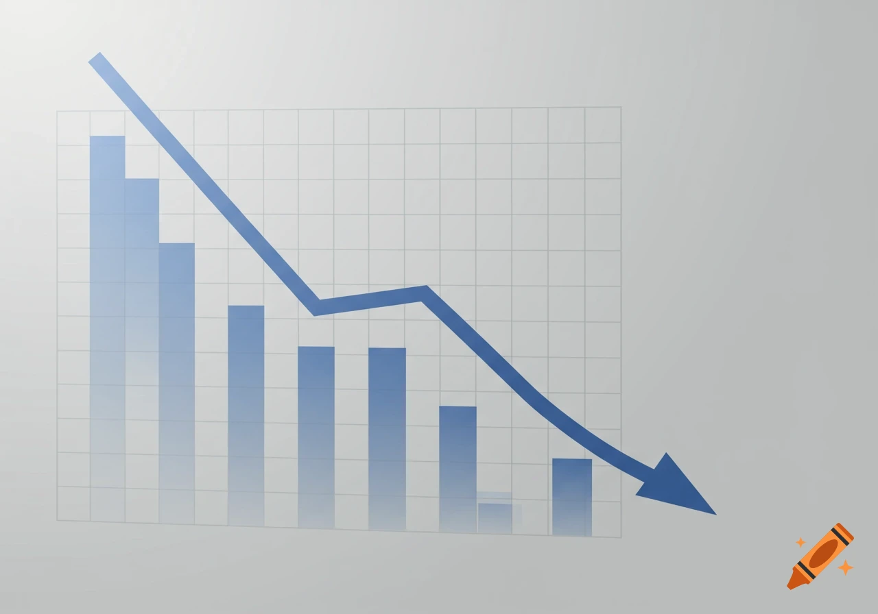 A 2D blue line graph showing a downward trend with blue bar charts on a white grid background.