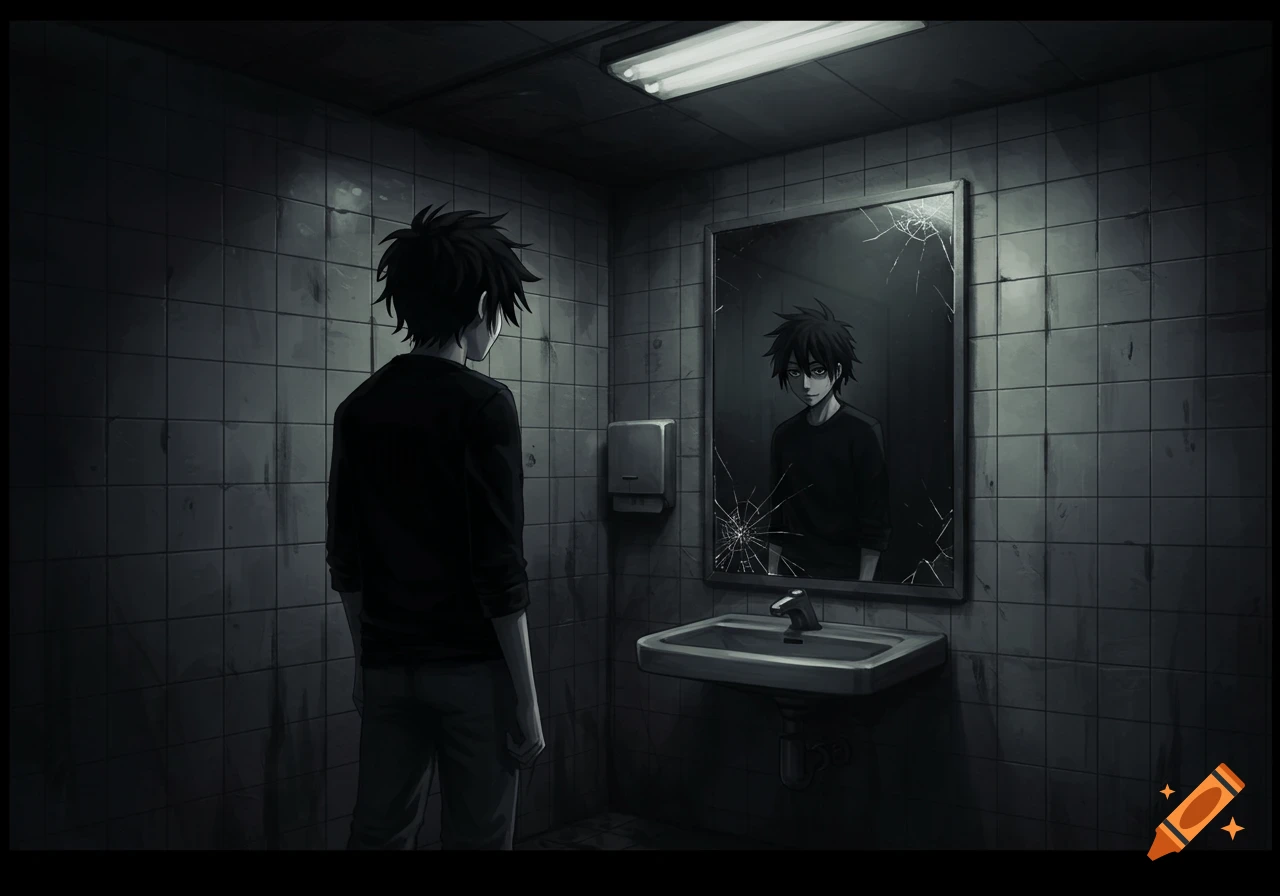 Anime style illustration of a young man with black hair standing in a dark, tiled bathroom, looking at his distorted reflection in a cracked mirror.