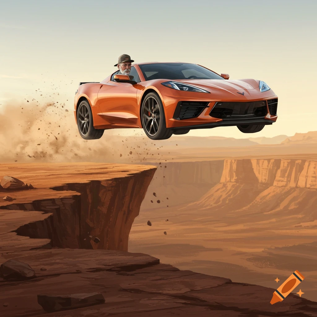 An orange sports car with a man driving it off a desert cliff, with dust and debris flying.