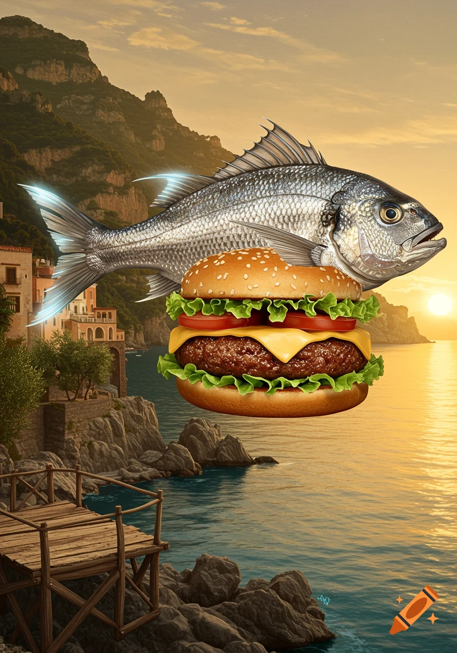 A large fish hovers above a cheeseburger, both floating over an Italian coastal landscape with mountains and the sea at sunset.