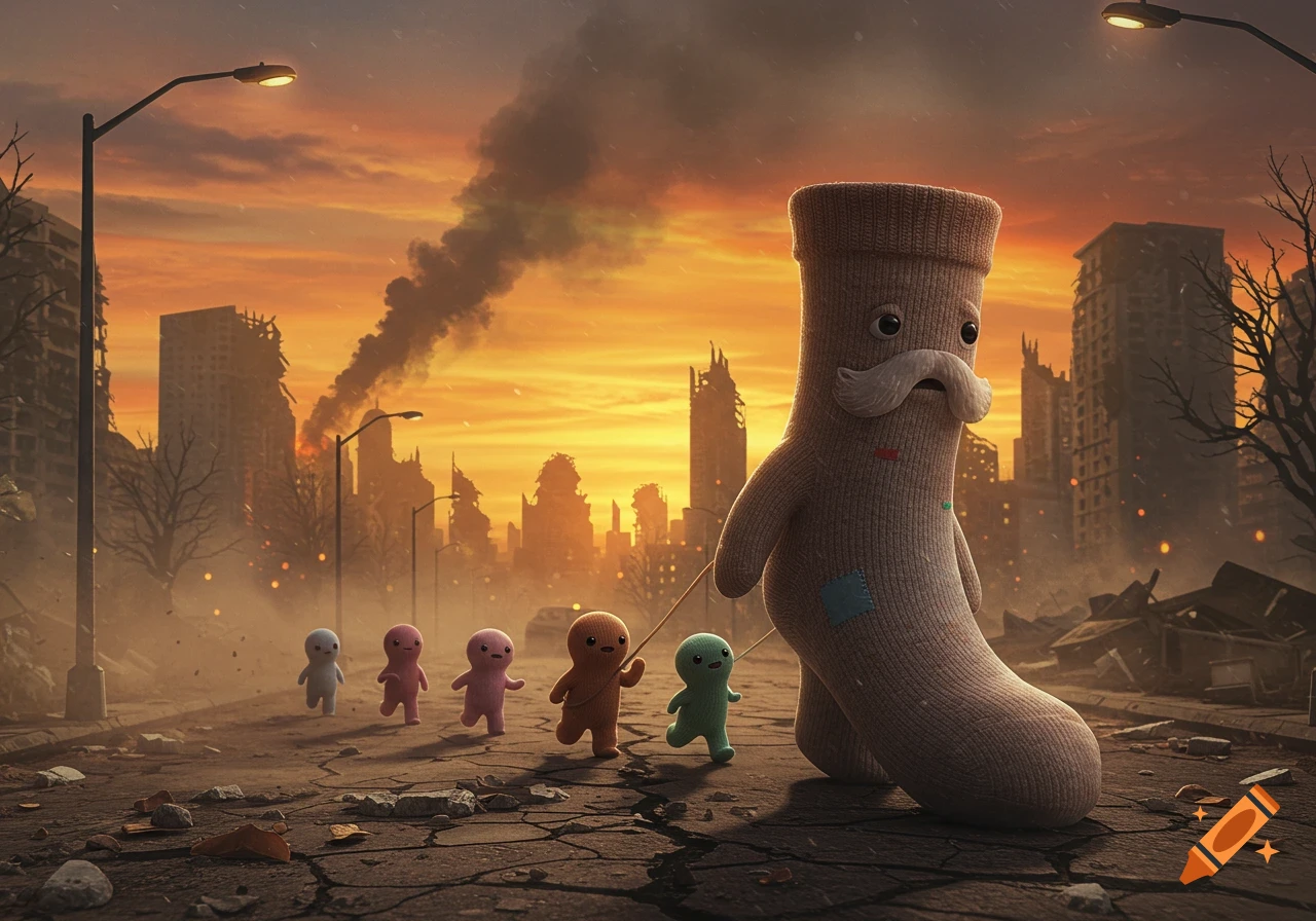 A large, mustachioed sock leads smaller, colorful socklings on a leash through a ruined post-apocalyptic city at sunset with smoke rising.
