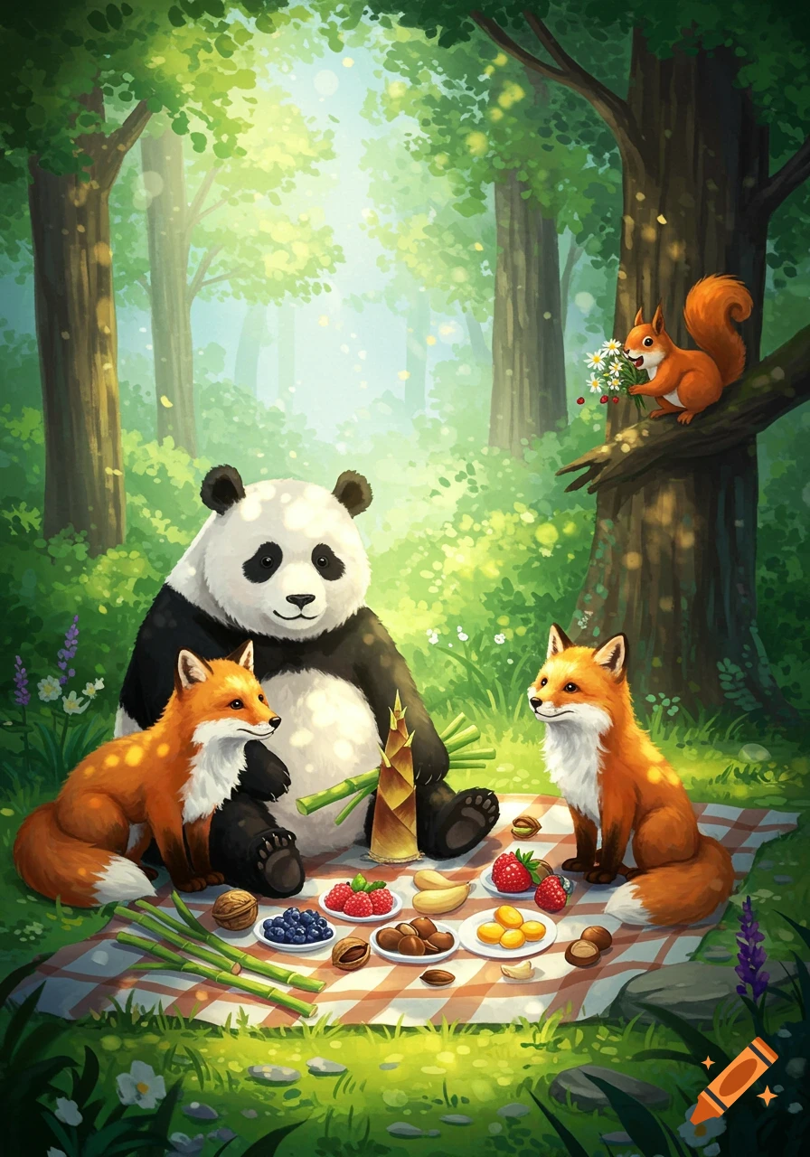 An illustration of a panda, two red foxes, and a squirrel having a picnic in a sunlit forest. The squirrel holds a bouquet.