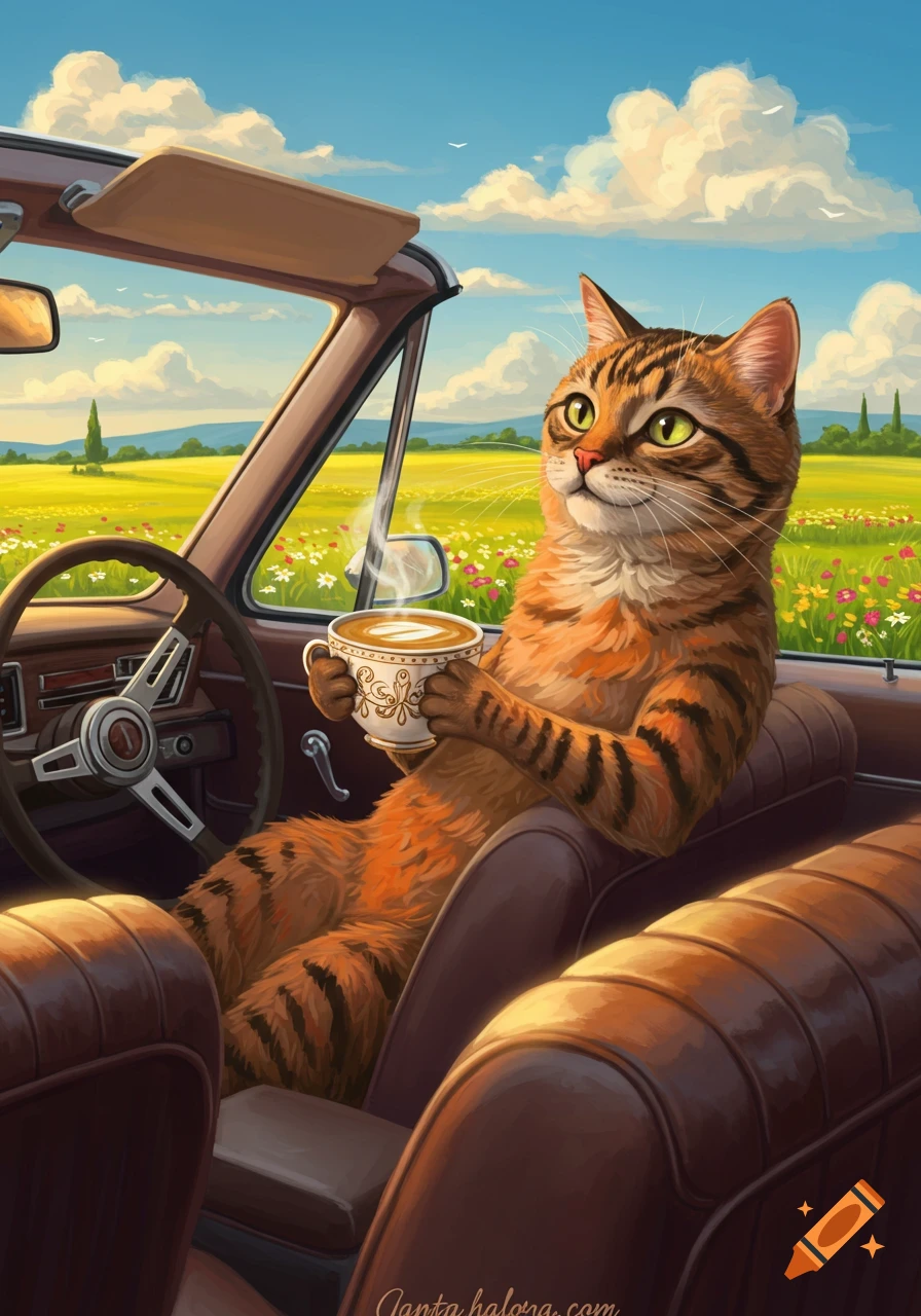 A tabby cat sits in the driver's seat of a convertible car, holding a steaming teacup in a sunlit field.