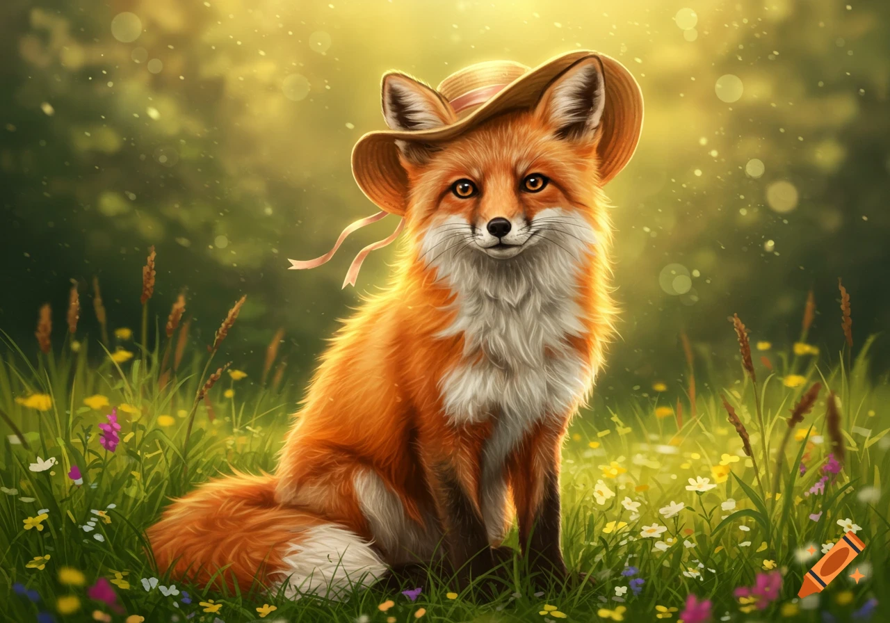 A cute red fox wearing a straw hat sits in a sunlit meadow with wildflowers, rendered in a digital painting style.
