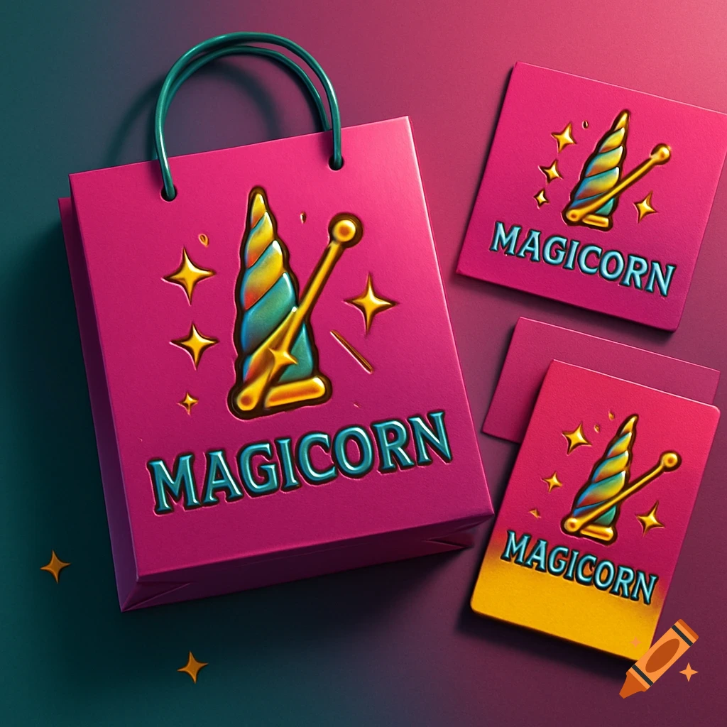 Pink shopping bag and business cards with a 3D embossed 'MAGICORN' logo featuring a colorful unicorn horn and magic wand, with stars.