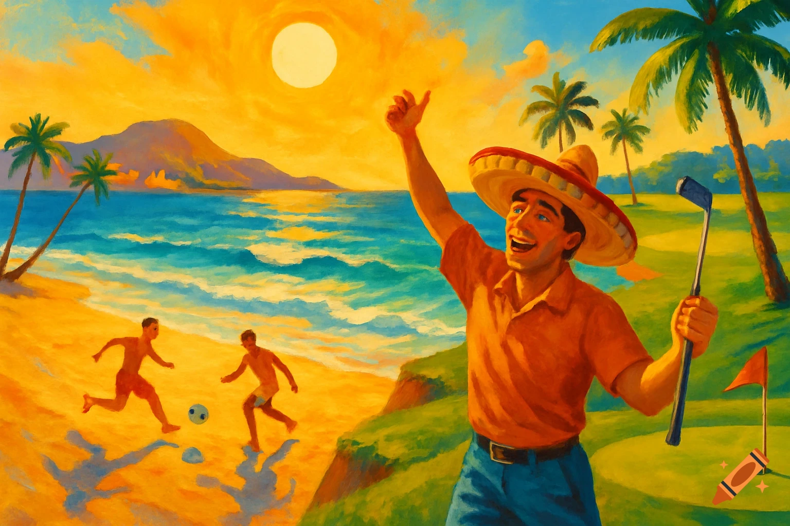 Vibrant oil painting of a man in a sombrero golfing and two boys playing football on a sunny beach with palm trees and ocean.