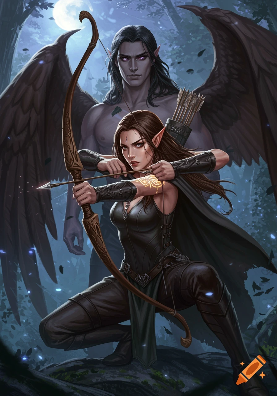 A female elf archer in dark leather armor aims a bow, with a man with dark wings and violet eyes behind her in a moonlit fantasy forest.