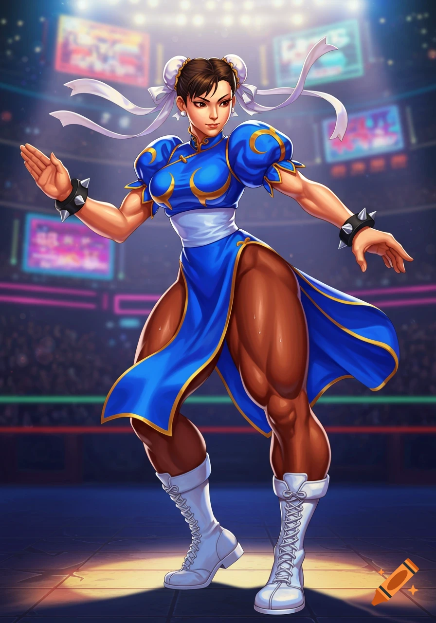 Chun-Li from Street Fighter in her blue outfit, standing in a fighting pose in a ring.