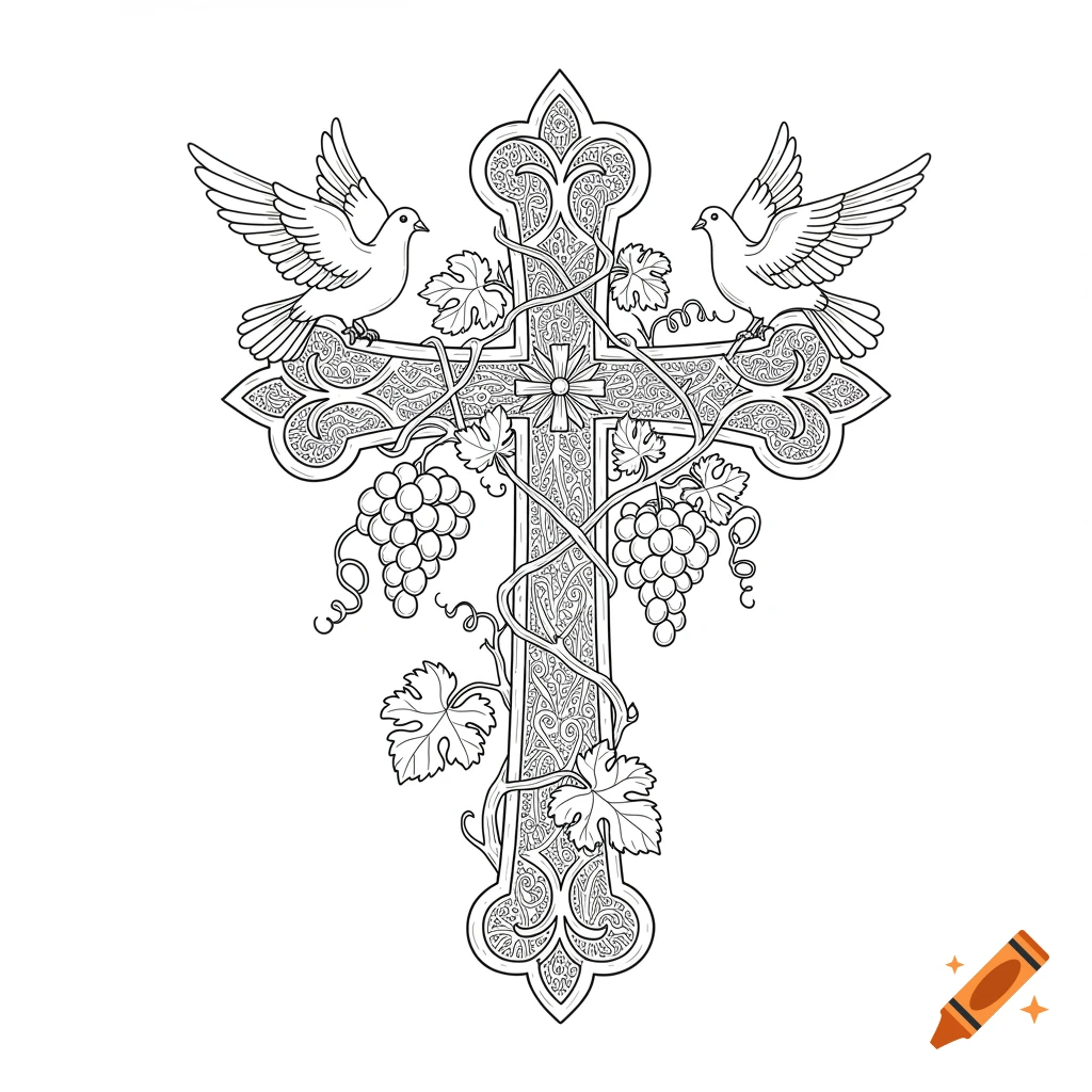 Ornate black and white outline of an Orthodox cross with grapevines and two doves.