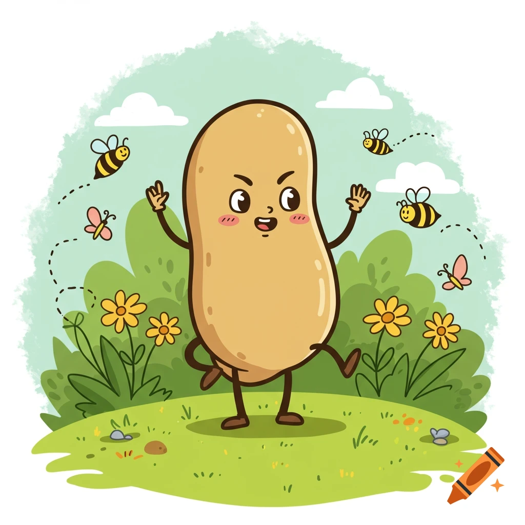 Cartoon potato-like character with an angry expression, arms raised, in a green garden with yellow flowers, bees, and butterflies.
