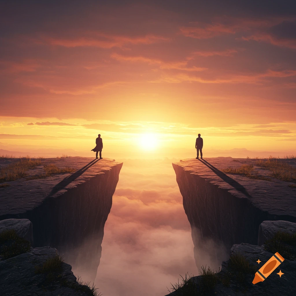 Two people stand on opposite sides of a vast cliff overlooking a cloud-filled chasm at sunset.