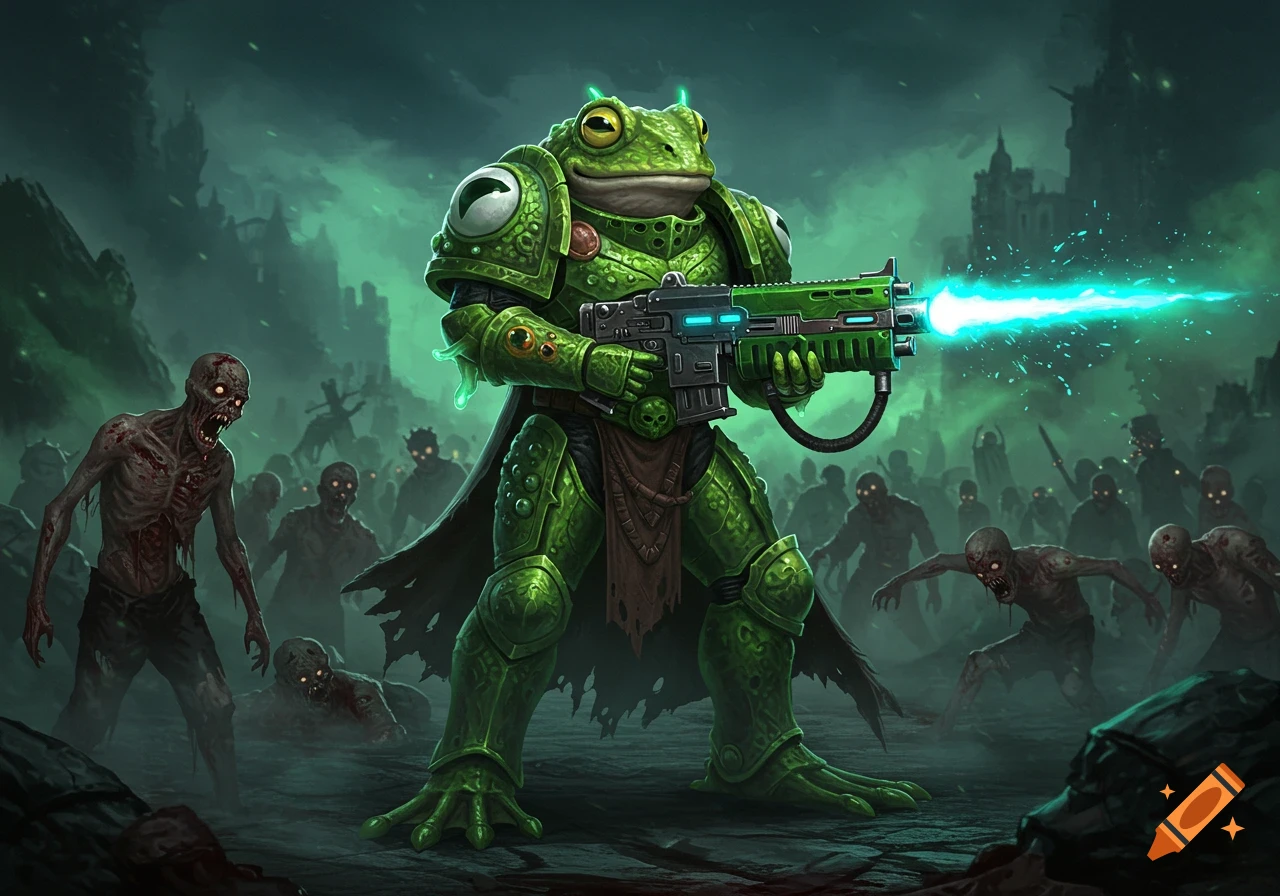 A frog-like creature in green futuristic armor fires a laser rifle at a horde of zombies in a dark, misty ruined city.