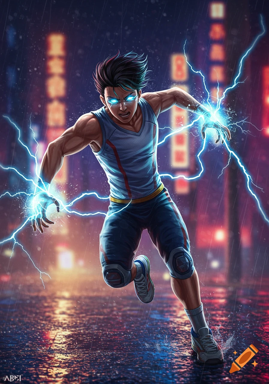 Anime-style male character with glowing blue eyes and electricity crackling around his hands, running in a rainy city street at night.