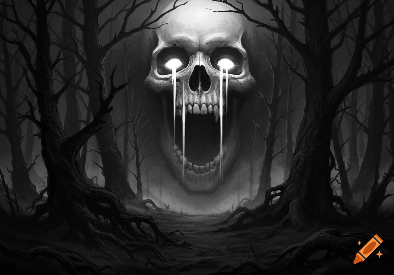 A dark, black and white image of a monstrous skull with glowing eyes and light streaks, looming over a haunting, desolate forest.