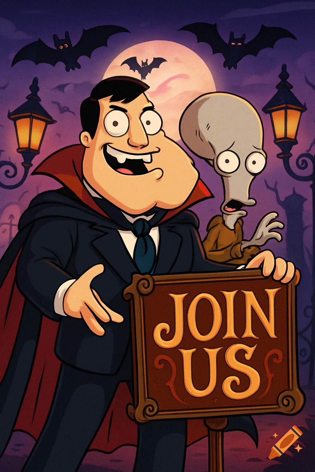 Stan Smith as a vampire holding a 'JOIN US' sign with Roger Smith during Halloween.