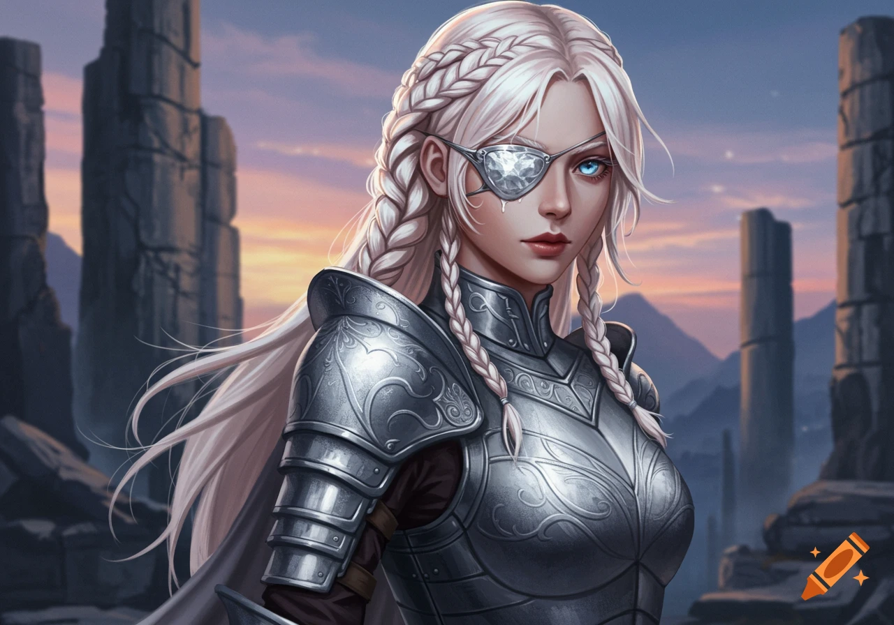 A fantasy illustration of a silver-haired woman in ornate silver armor with a jeweled eyepatch, standing among ancient ruins at sunset.