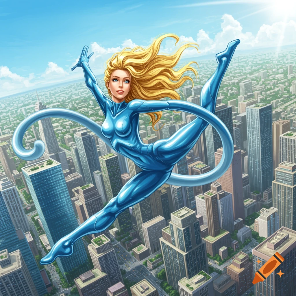Blond elastic female superhero in a blue suit stretching and flying over a city skyline.