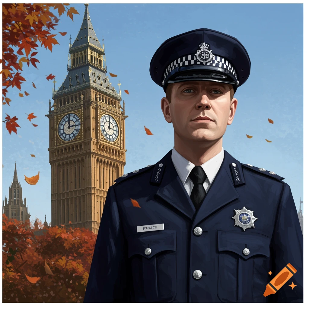 A detailed illustration of a British police officer standing in front of Big Ben with autumn leaves falling.