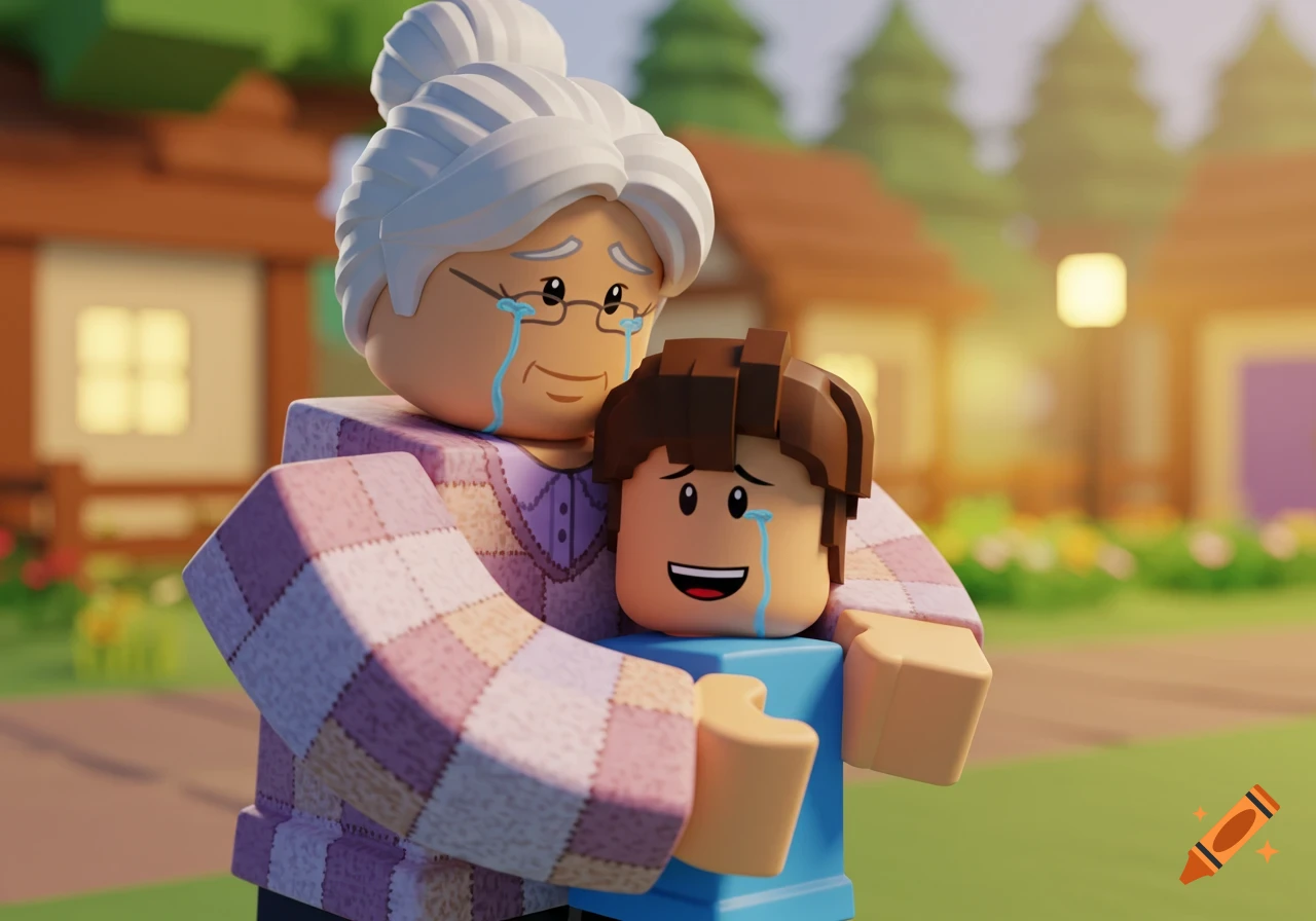 Roblox characters, an old grandma and a little boy, hug each other while crying, in a blocky outdoor setting.