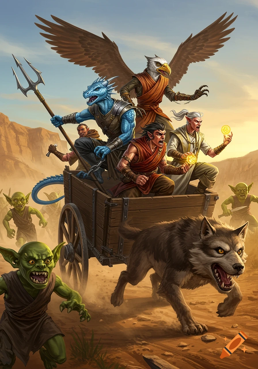 A fantasy group, including a dragonborn and bird-person, ride in a wooden cart pulled by a wolf, fleeing from charging goblins in a desert landscape at sunset.