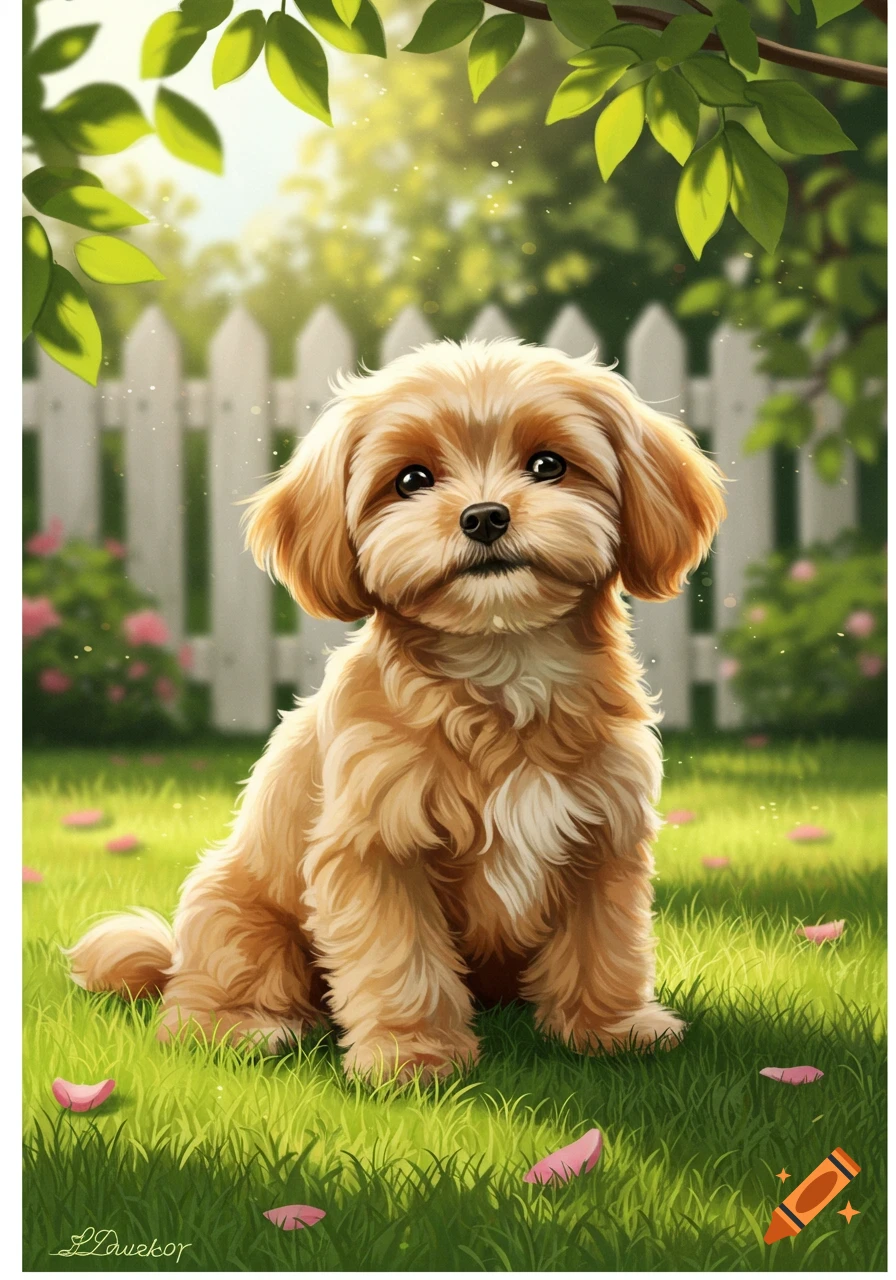 A cute fluffy light brown maltipoo puppy sits in bright green grass with pink petals, a white picket fence, and sun-dappled leaves in the background.