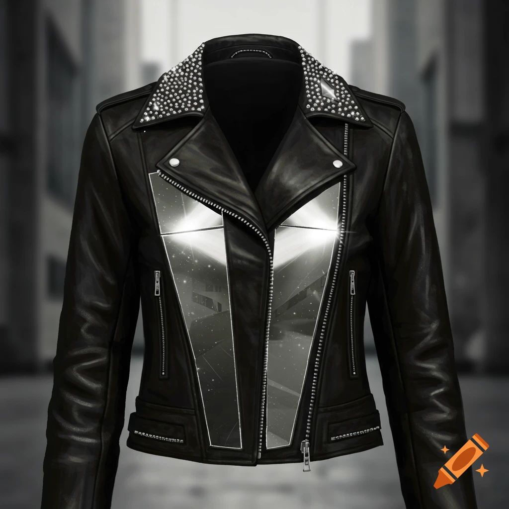 A black leather jacket with silver mirrored chest panels, studded collar, and zippers, set against a blurred urban background.