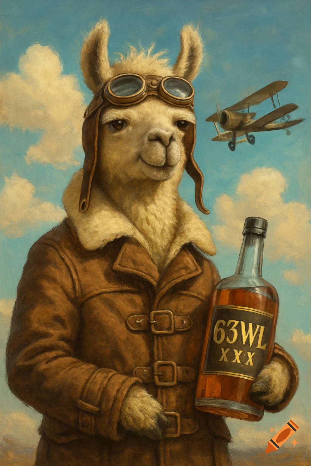 Painting of a llama in a pilot's coat and goggles holding a whiskey bottle, with a biplane in the sky.