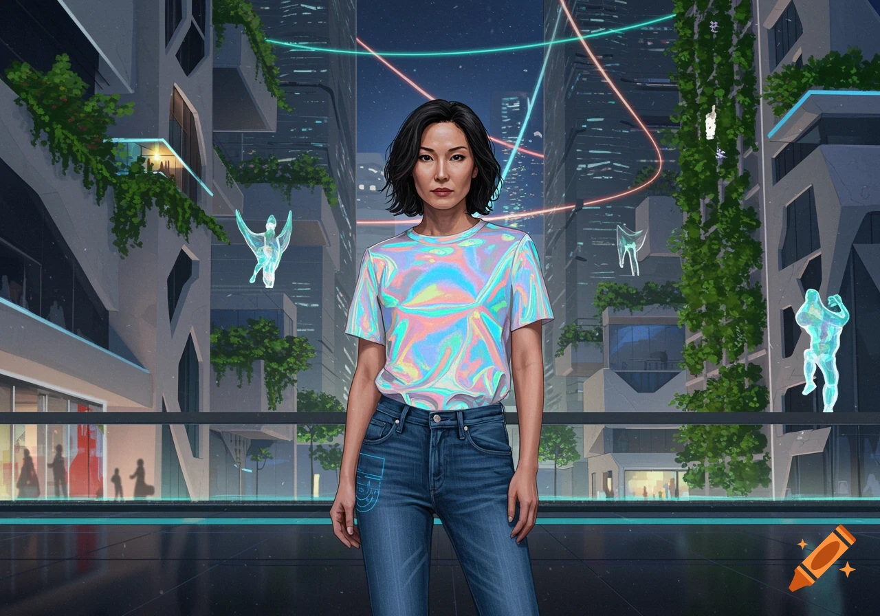 A stylish Asian woman in a holographic shirt and jeans stands in a futuristic city with glowing lines and green buildings.