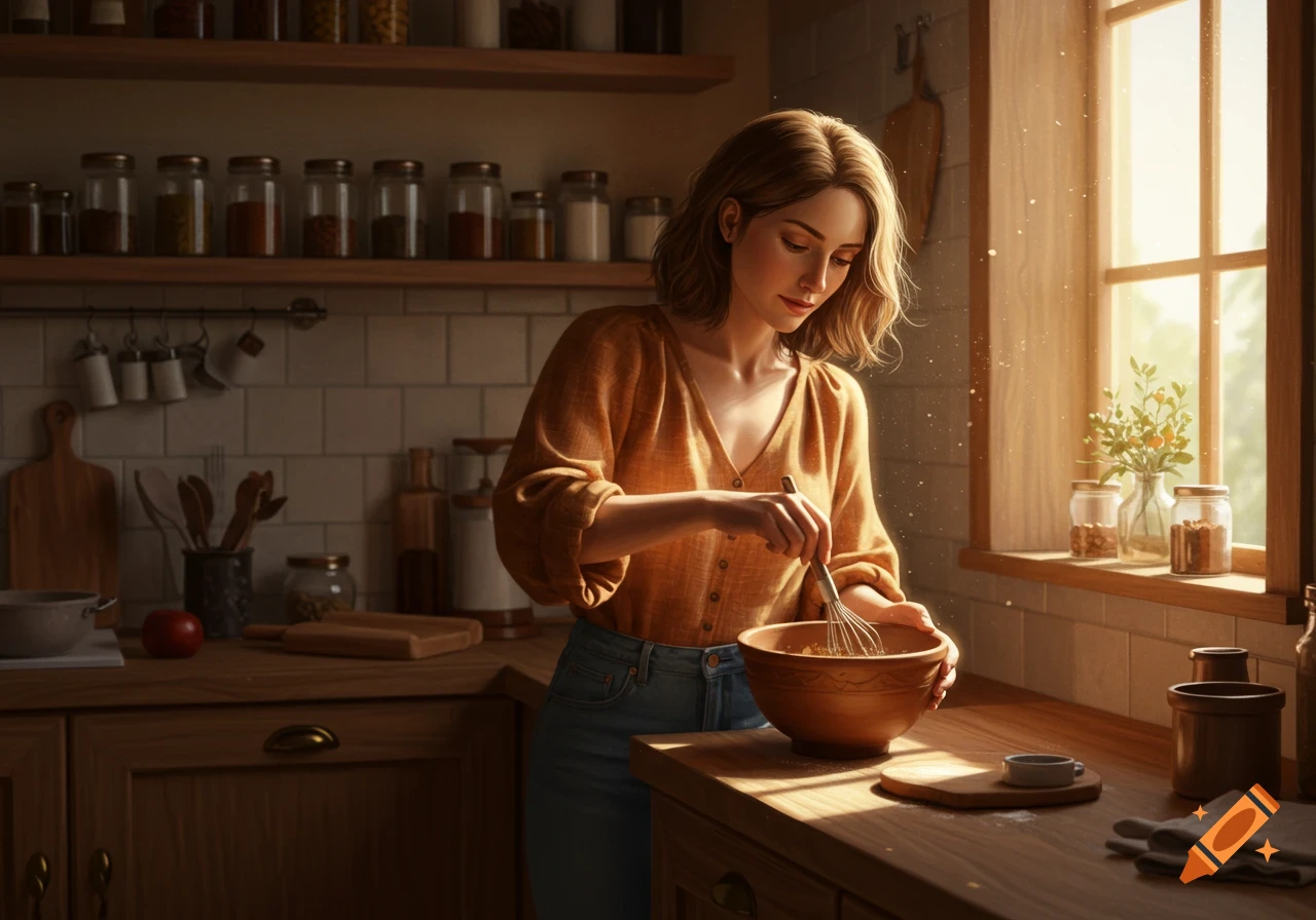 A woman with blonde hair stirs ingredients in a bowl in a sunlit kitchen, photorealistic.