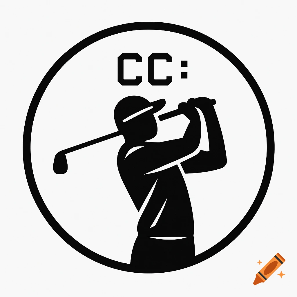 Monochromatic logo of a golfer in follow-through pose within a circle, with 'CC:' in a techy font above.
