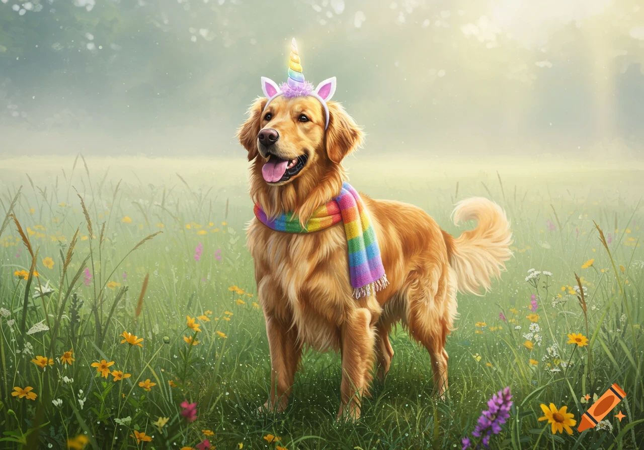 A happy golden retriever wearing a unicorn horn and a rainbow scarf stands in a vibrant field of green grass and wildflowers.
