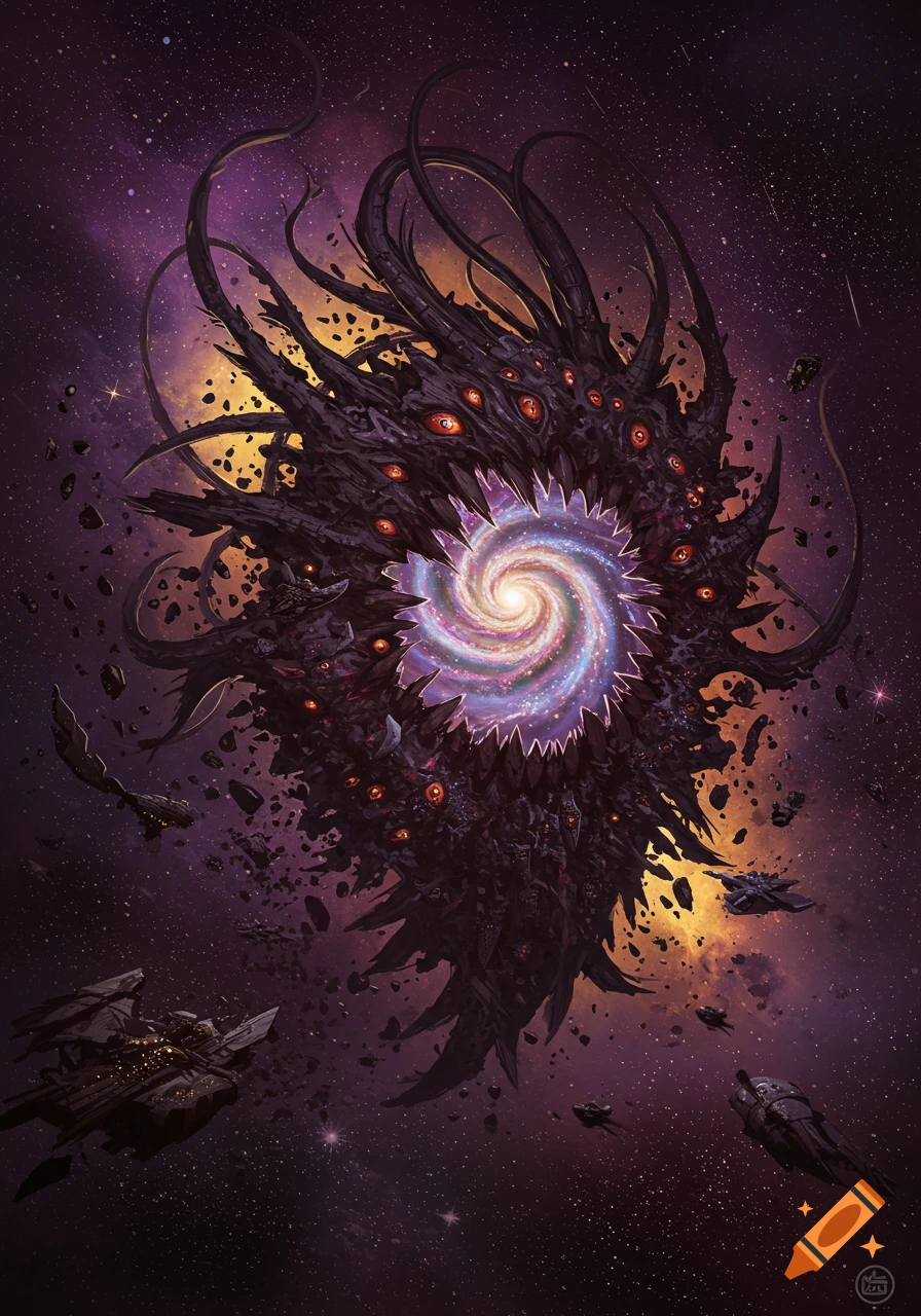 A terrifying, many-eyed cosmic horror monster with tentacles devouring a galaxy, surrounded by spaceships and debris in deep space.