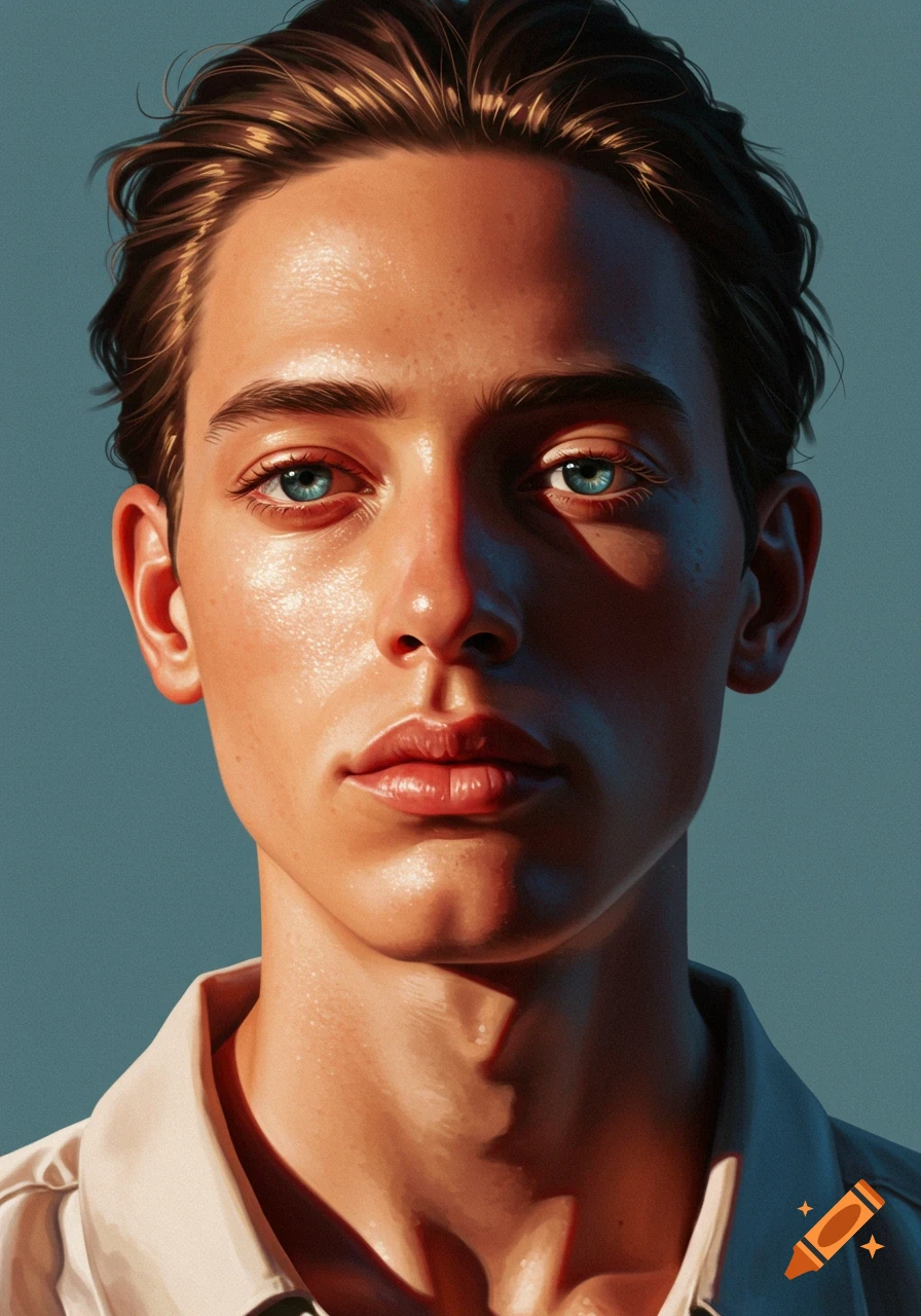Close-up hyperrealistic digital painting of a young man with bright blue eyes, dramatic lighting, and a detailed face.