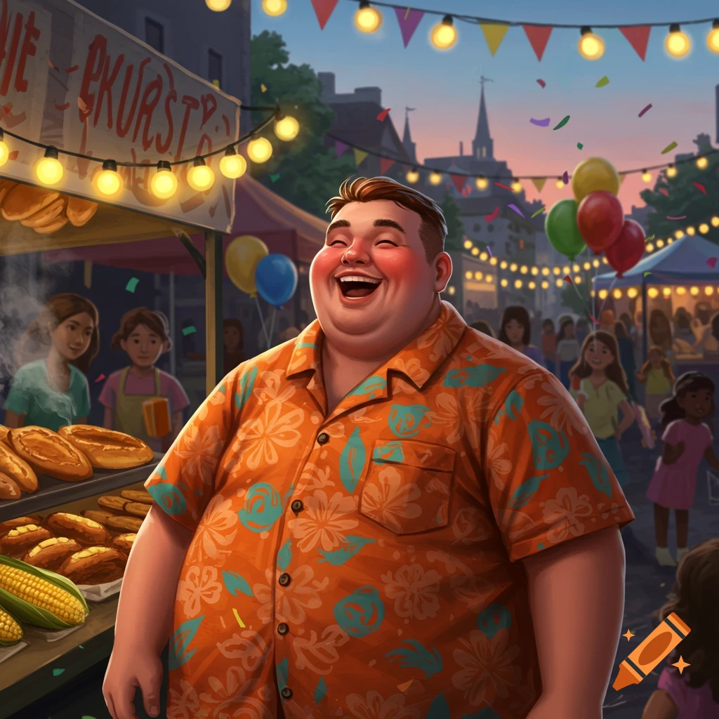 An illustrated man in a floral orange shirt laughs joyfully at a lively outdoor market with food stalls and string lights.