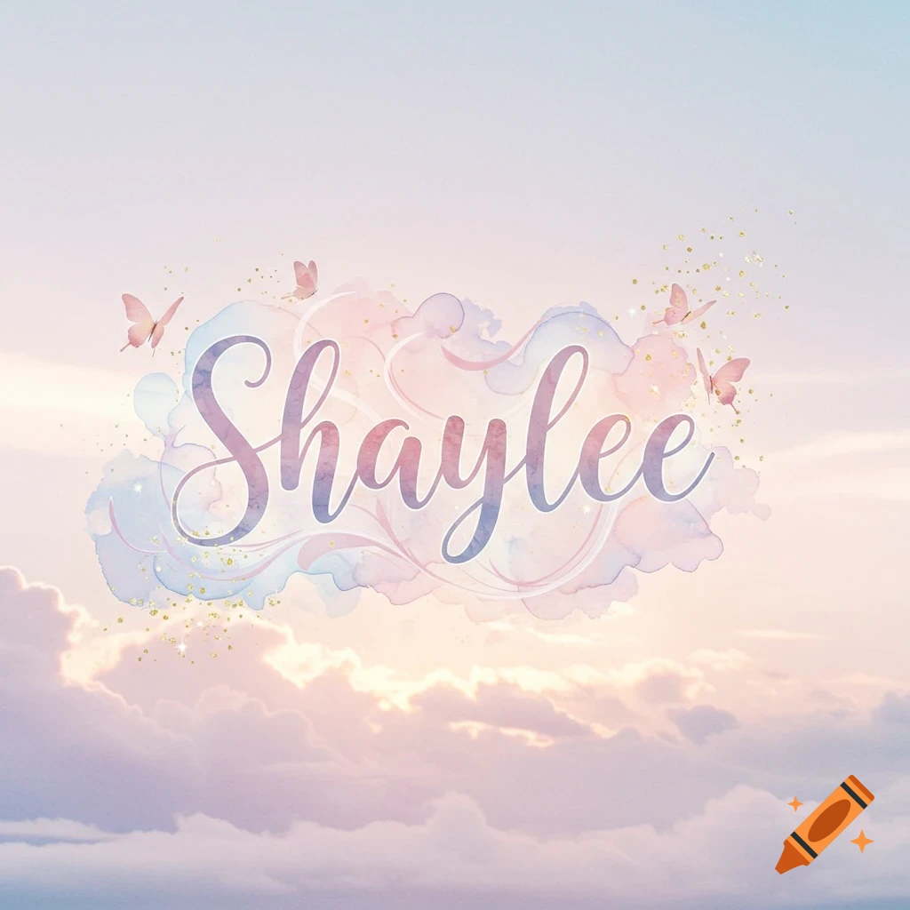 The word Shaylee in a colorful script font on a pastel watercolor cloud with butterflies and glitter.