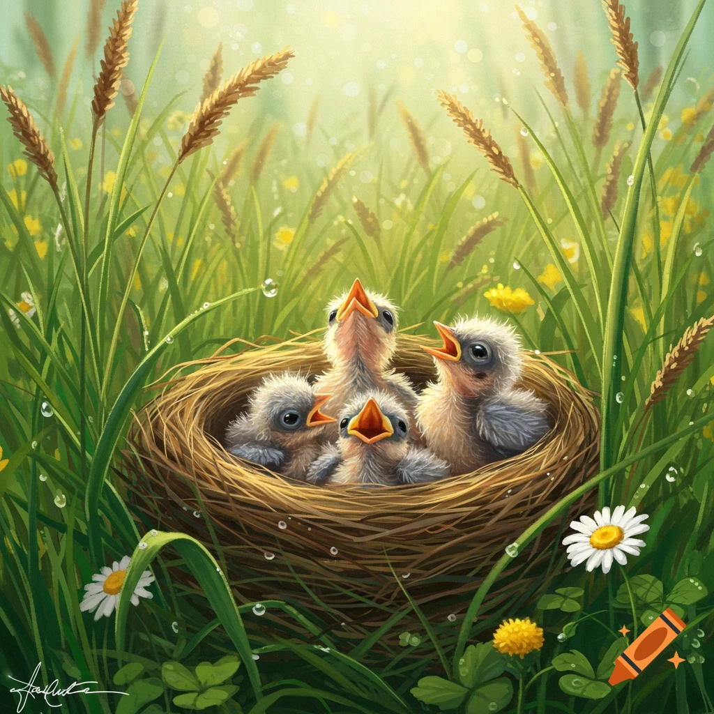Four fluffy baby birds in a nest in vibrant green grass with dewdrops, looking up with open beaks.