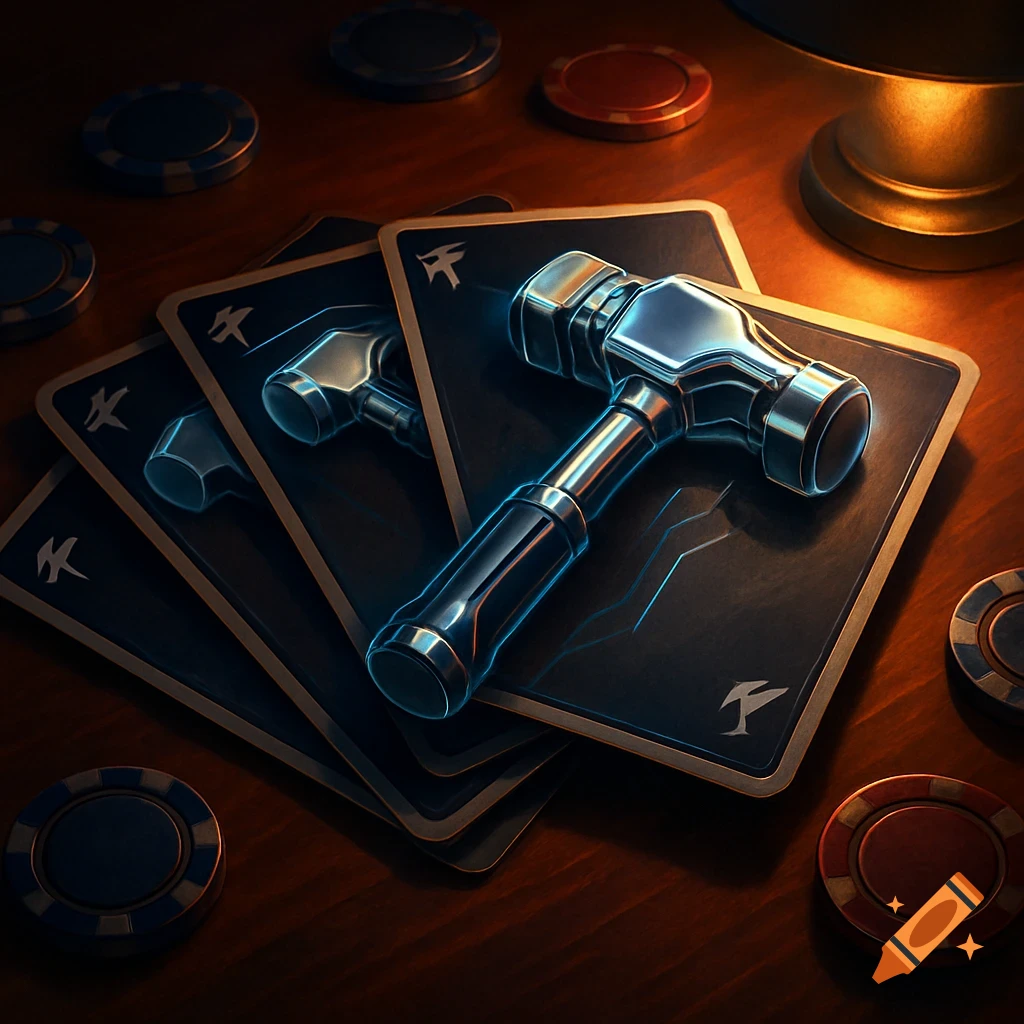 Playing cards featuring hammers, poker chips, and a glowing lamp on a wooden table in a dark setting.