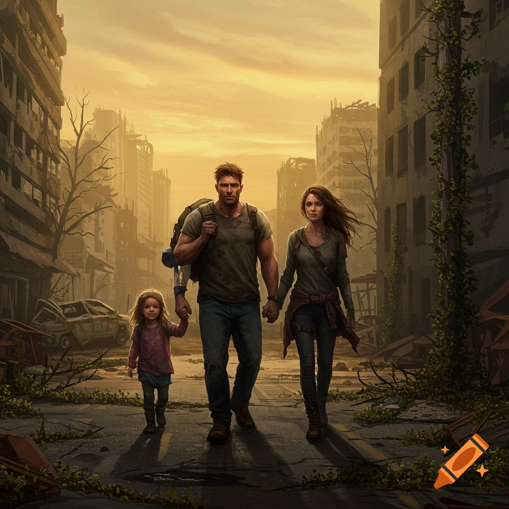 A man, woman, and small child walk through a desolate, ruined city street in a post-apocalyptic scene.