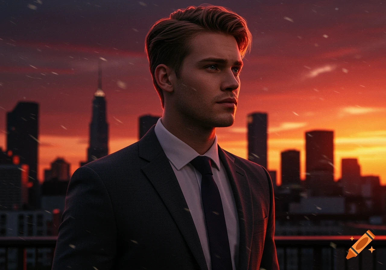 A photorealistic portrait of a man in a suit looking out over a cityscape at a vibrant red and orange sunset.