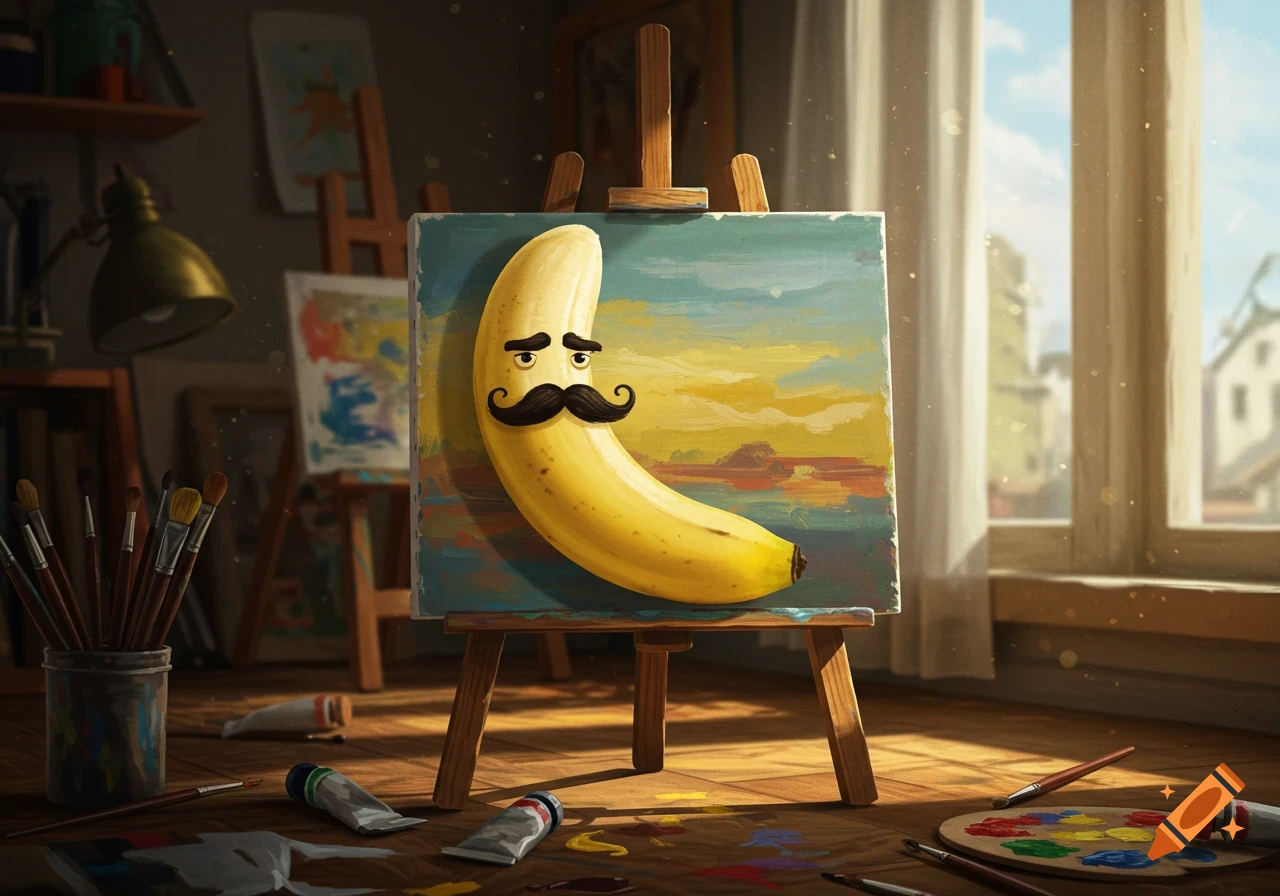A whimsical banana with a mustache painted on an easel in a sunlit artist's studio, surrounded by paint and brushes.