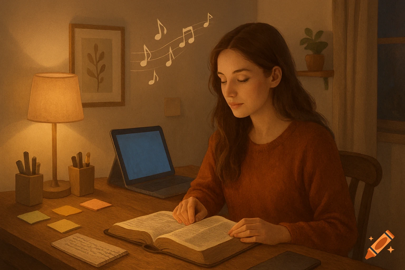 A young woman with long brown hair sits at a cozy, warmly lit desk, reading an open book. Musical notes float above her head.