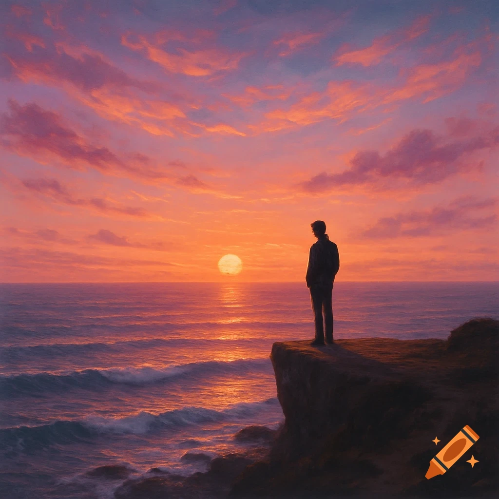 A lone person stands on a cliff overlooking a vast ocean at sunset, with a vibrant orange and purple sky.