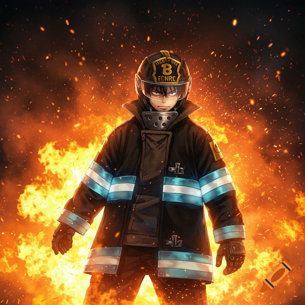 An anime character, Shinra Kusakabe from Fire Force, in a firefighter uniform and helmet, stands engulfed in flames and sparks.