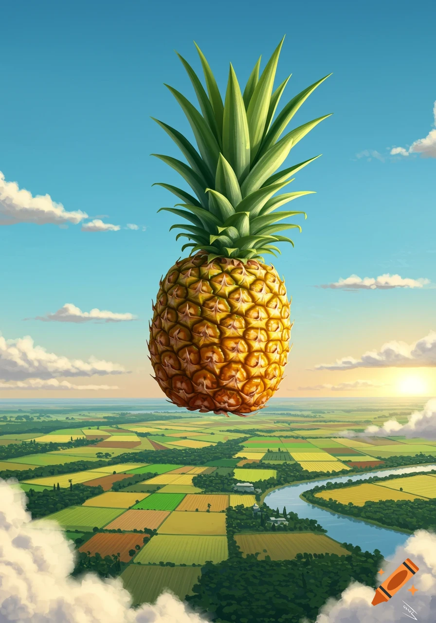 A large pineapple floats in a bright blue sky over a colorful, detailed landscape of fields and a river at sunset.