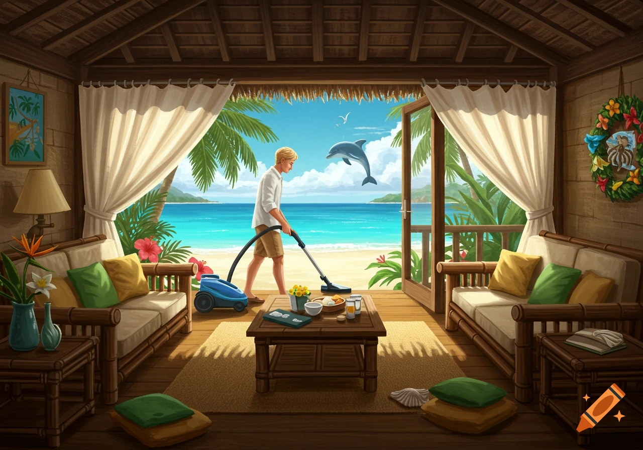 An illustrative scene of a blonde man vacuuming inside a tropical bungalow with an open view to a beach and a dolphin jumping over the ocean.
