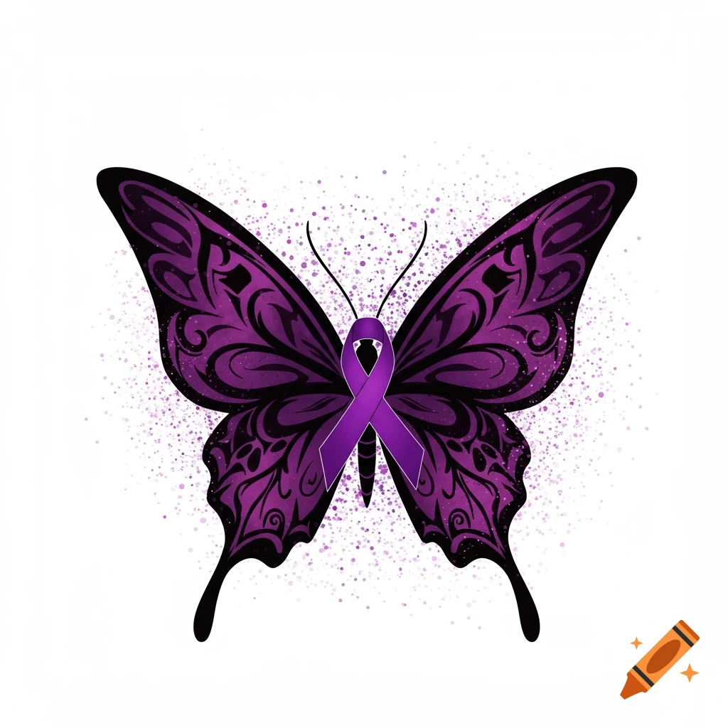 A purple and black tribal butterfly with a purple cancer awareness ribbon on a white background with purple sparkles.