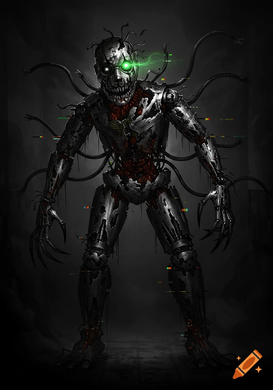 A horror-style, broken animatronic monster with glowing green eyes, sharp claws, and a skull-like face, standing in a dark setting with glitch effects.