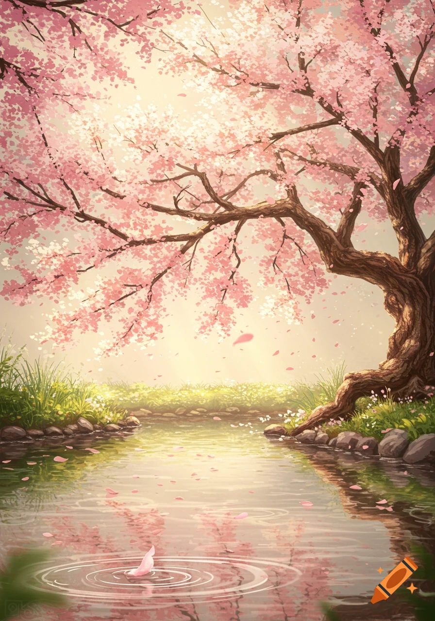 Vibrant pink cherry blossom tree over a pond with petals falling, in an anime-like illustrative style.