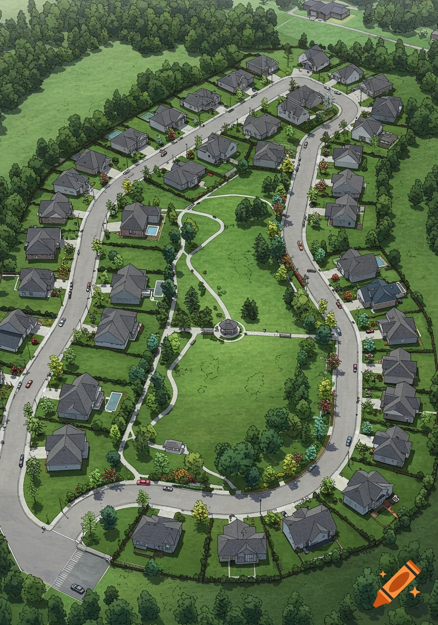Aerial rendering of a suburban neighborhood with single-family homes, winding roads, and a large central park.