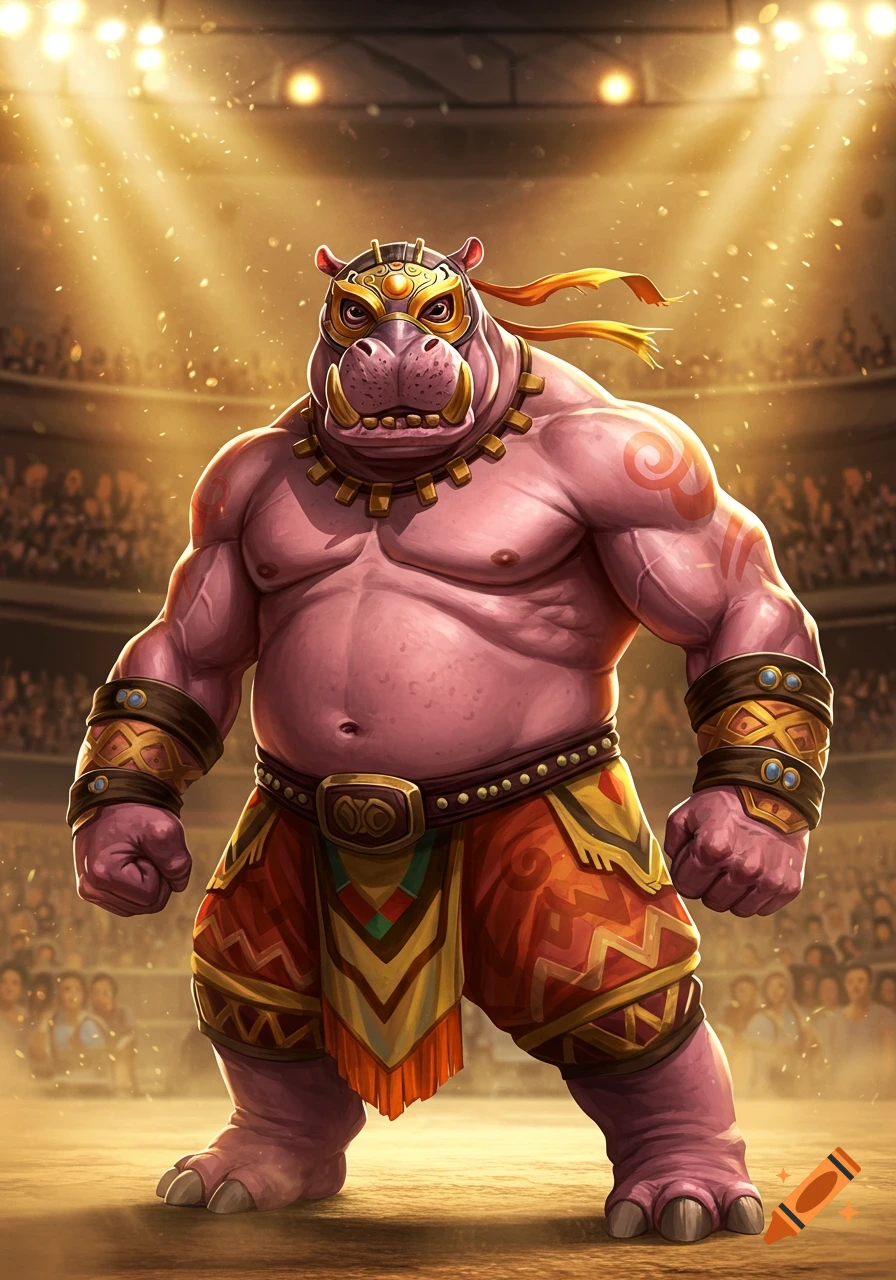 A muscular pink anthropomorphic hippo wearing a golden mask and brawling attire stands in a brightly lit wrestling arena.